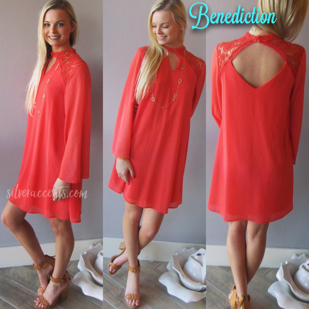 BENEDICTION Lace Contrast BellSleeve Chiffon Sheath Dress