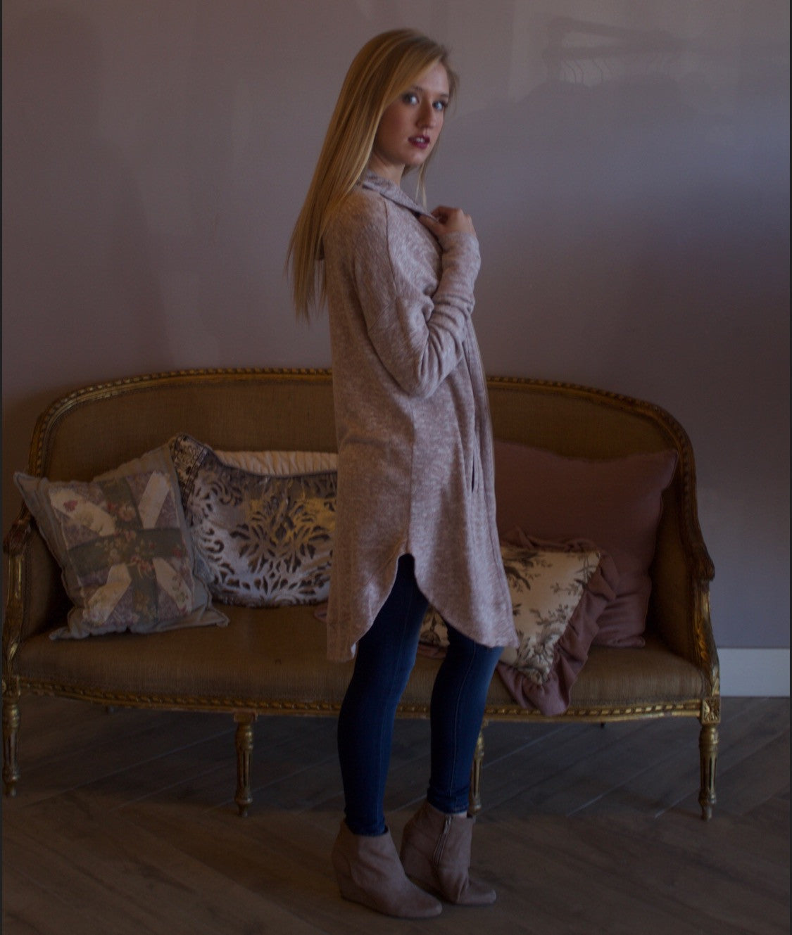 TURN BACK Shirttail Hem Zip Hoodie Tunic Top