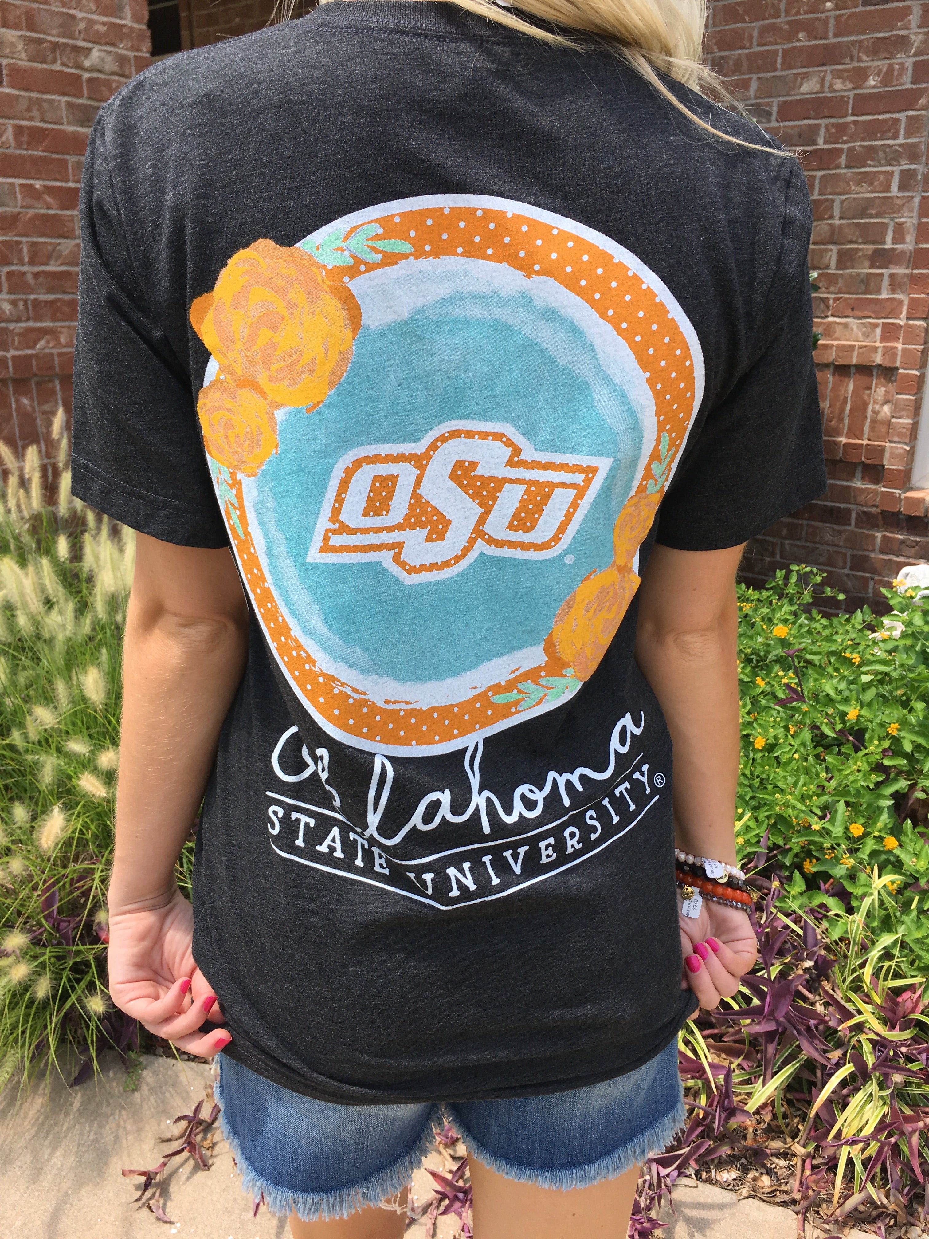 CALAMITY JANE Charcoal OSU Roses & PolkaDot Circle V-Neck Tee Top