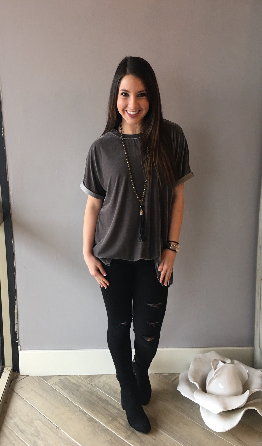 UPON A STAR Velvet Roll Sleeve Tunic Top