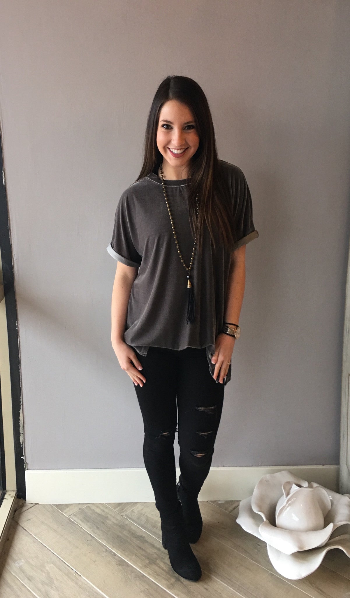 UPON A STAR Velvet Roll Sleeve Tunic Top