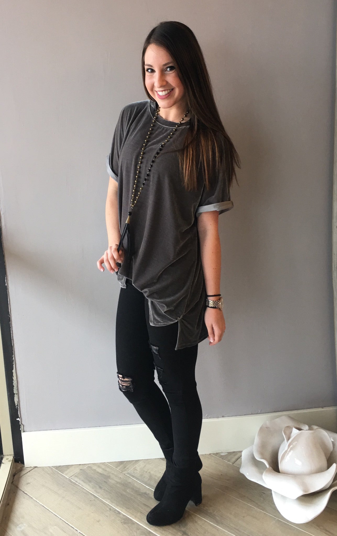 UPON A STAR Velvet Roll Sleeve Tunic Top