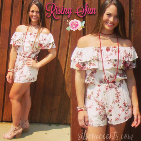 RISING SUN Floral Double Ruffled OffShoulder Short Romper