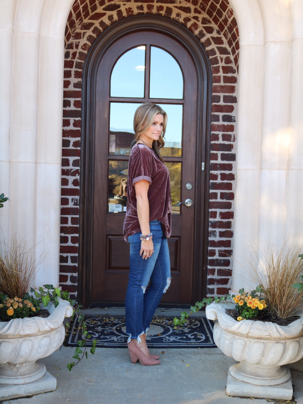 UPON A STAR Velvet Roll Sleeve Tunic Top