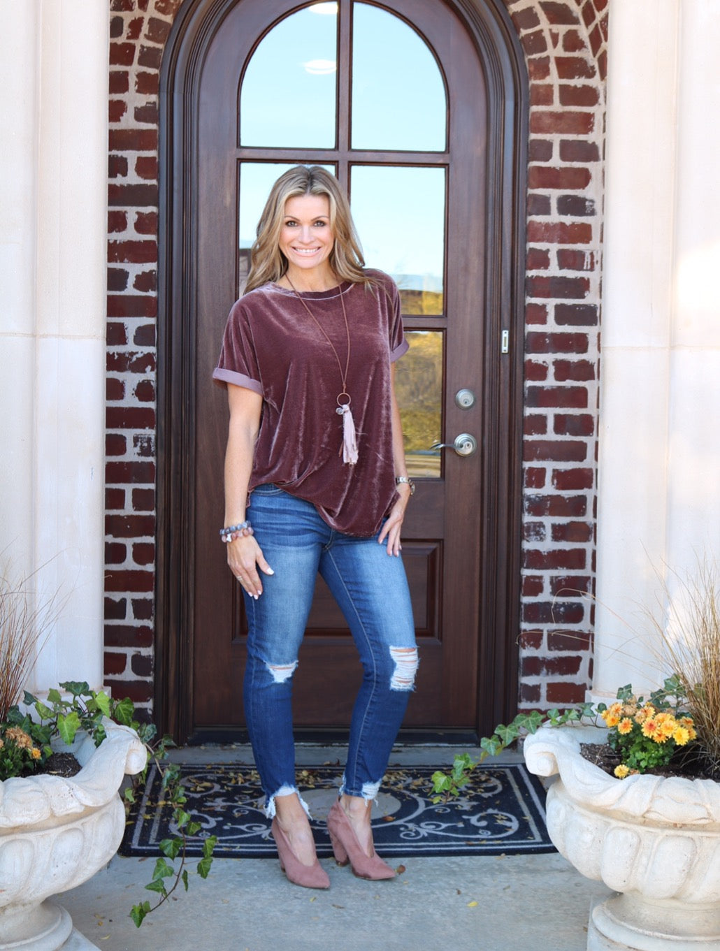 UPON A STAR Velvet Roll Sleeve Tunic Top