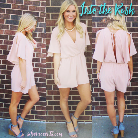 INTO THE RUSH Blush Open FlutterSleeve Short Romper