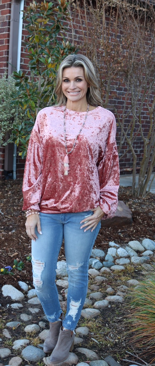 WONDERMENT CrushVelvet DropShoulder LongSleeve Pullover Top