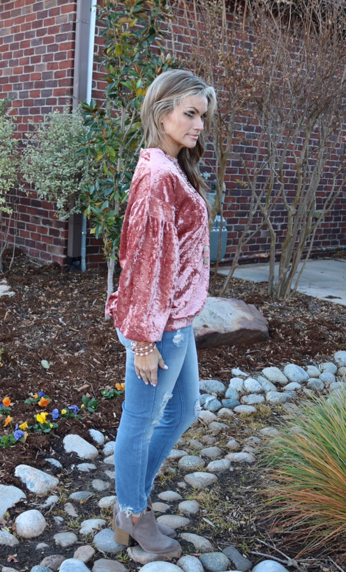 WONDERMENT CrushVelvet DropShoulder LongSleeve Pullover Top