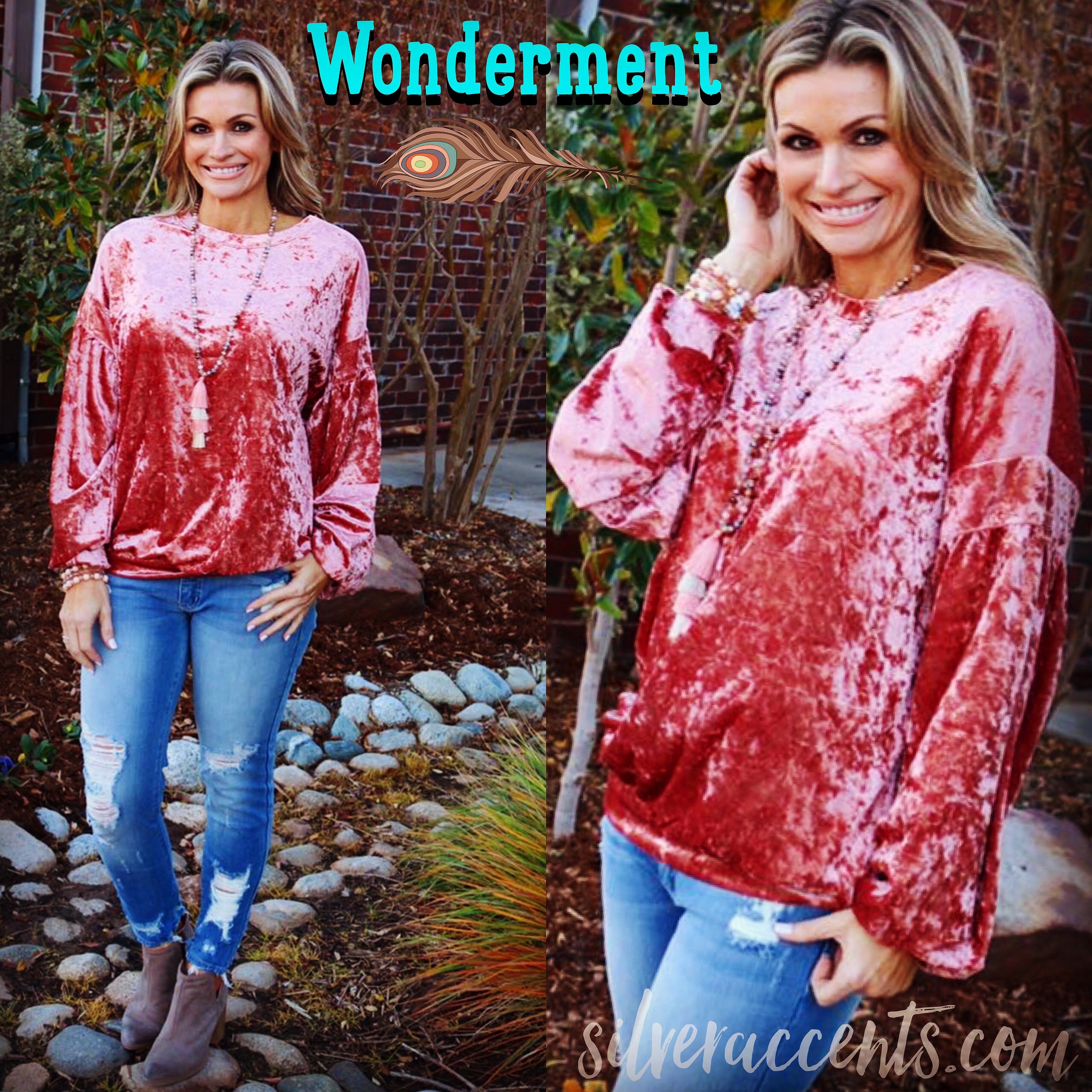WONDERMENT CrushVelvet DropShoulder LongSleeve Pullover Top