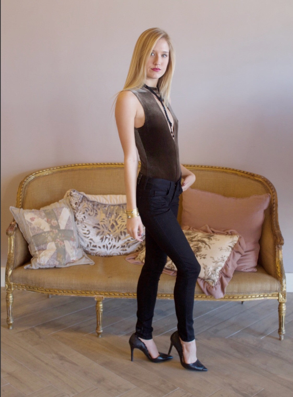 COUNTDOWN Velvet Cutout MockNeck Bodysuit Tank Top