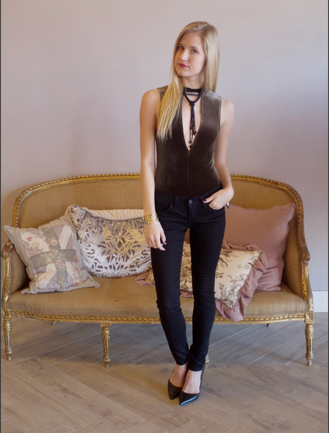 COUNTDOWN Velvet Cutout MockNeck Bodysuit Tank Top