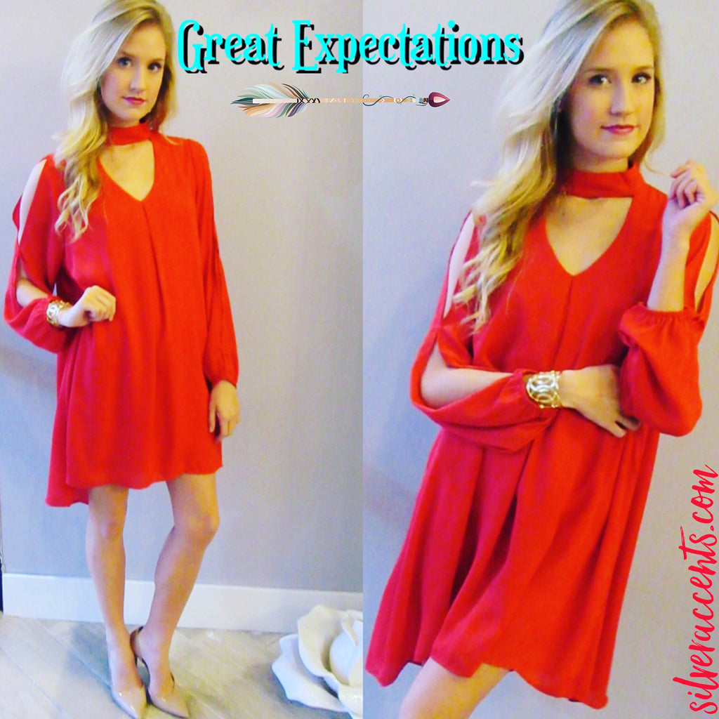 Mittoshop GREAT EXPECTATIONS Cutout Choker Neck Chiffon Slit Sleeve Dress