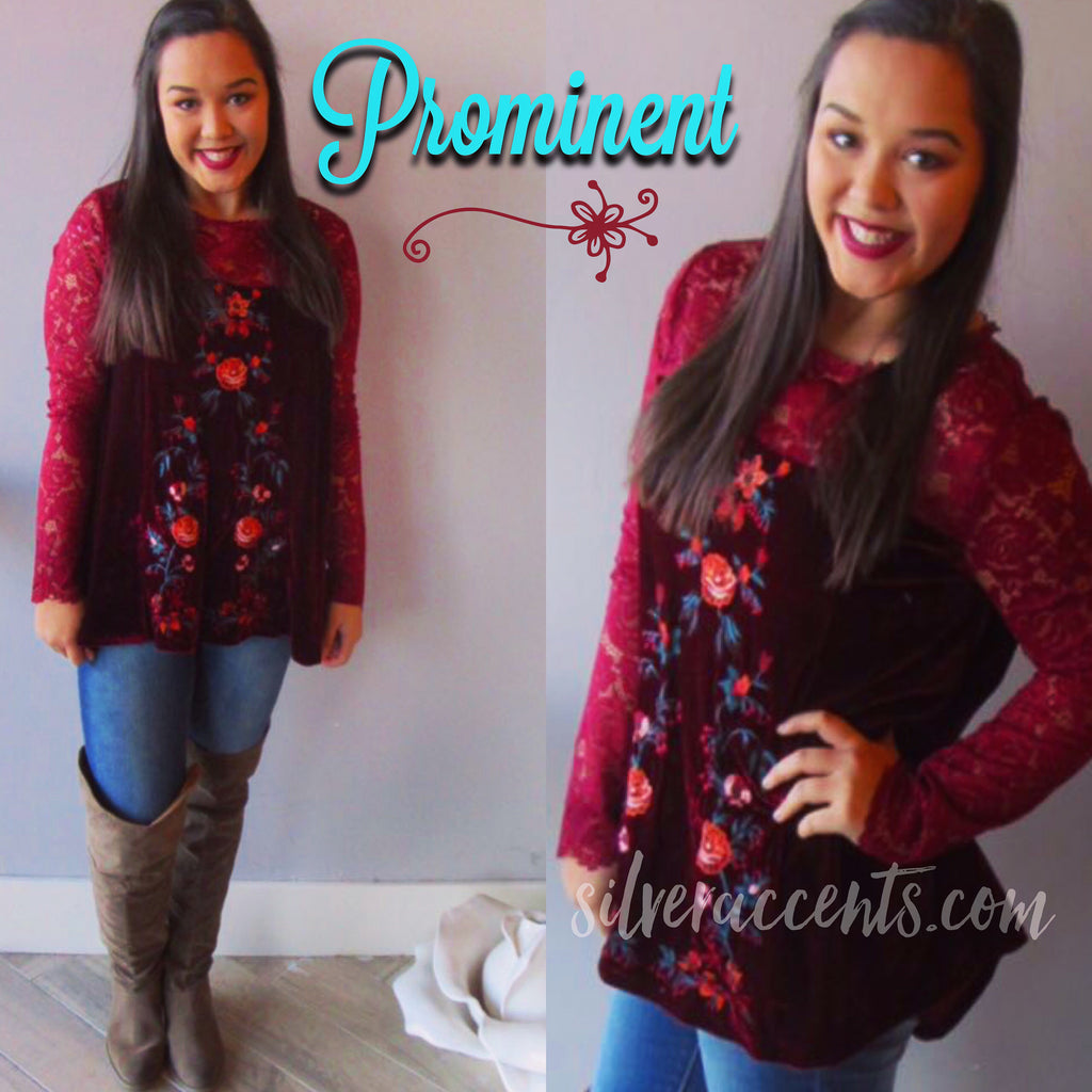 PROMINENT Embroidered Floral Velvet/Lace Top