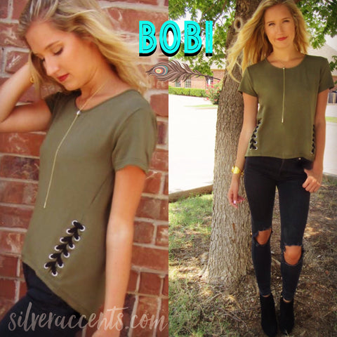 BOBI Army PATROL LaceUp Sides Knit HiLo Top