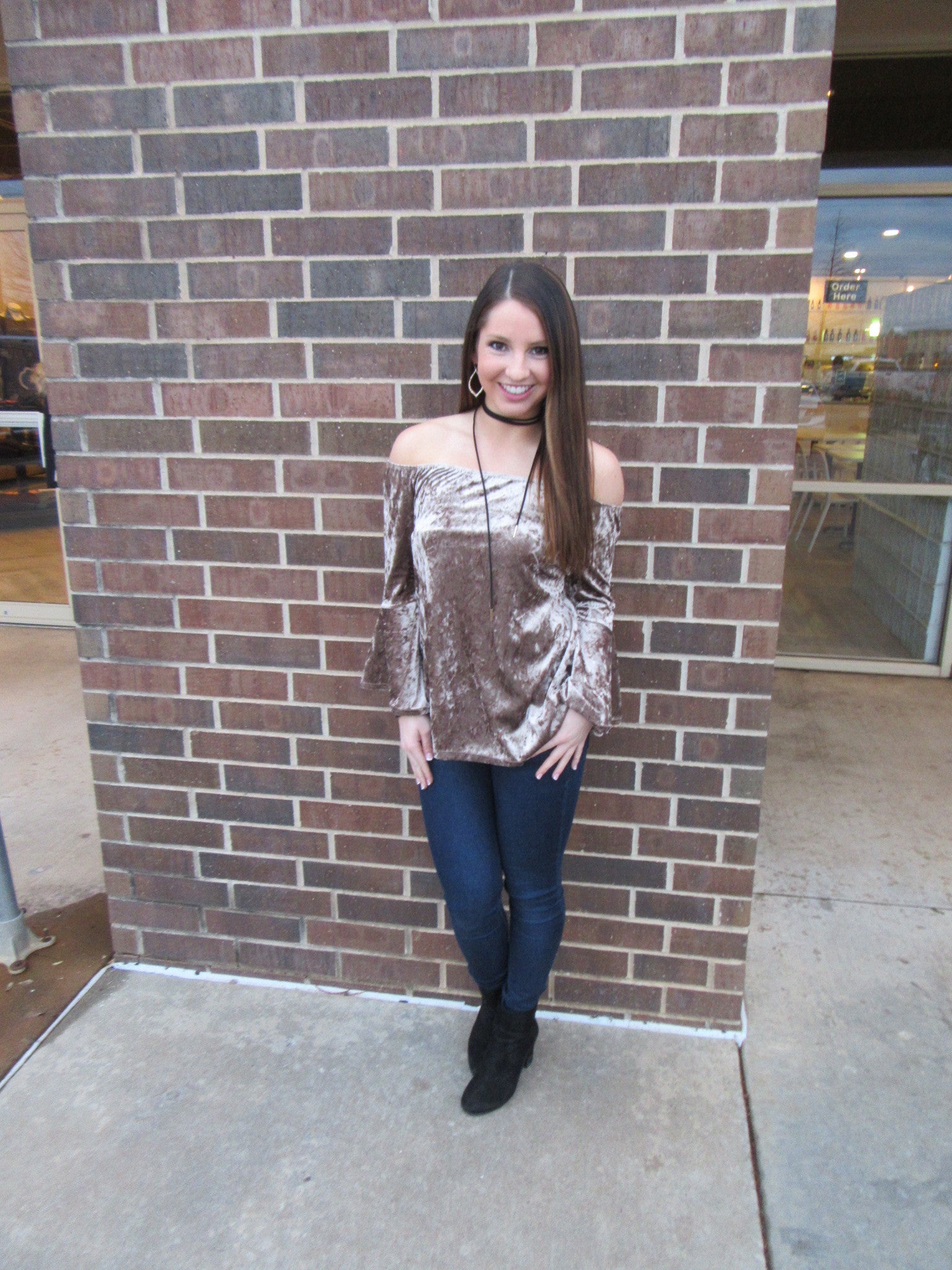 JUST CRUISIN Velvet Off Shoulder Bell Sleeve Top