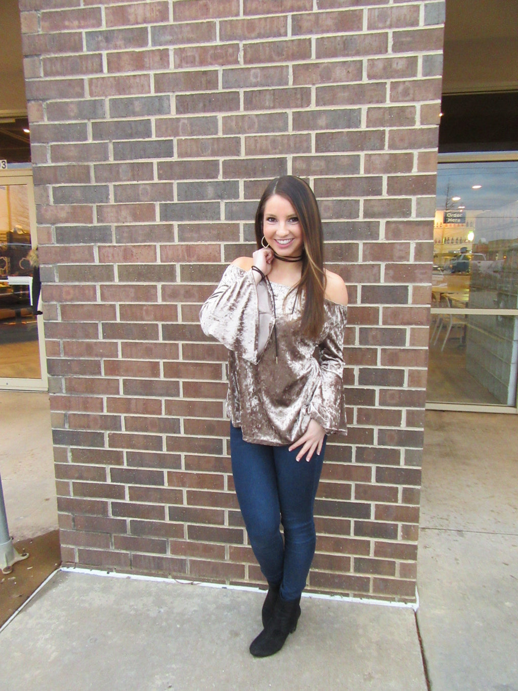 JUST CRUISIN Velvet Off Shoulder Bell Sleeve Top