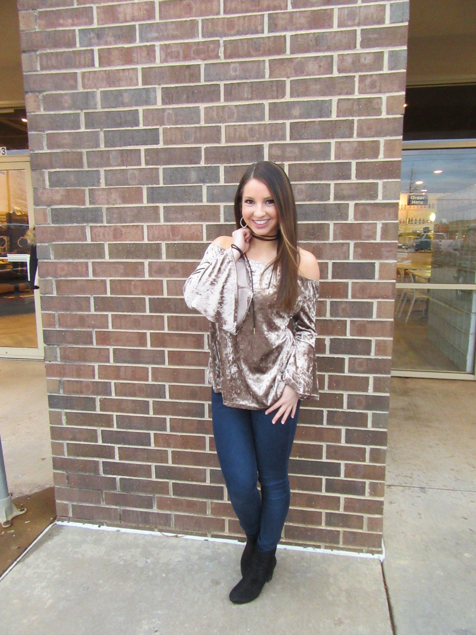 JUST CRUISIN Velvet Off Shoulder Bell Sleeve Top