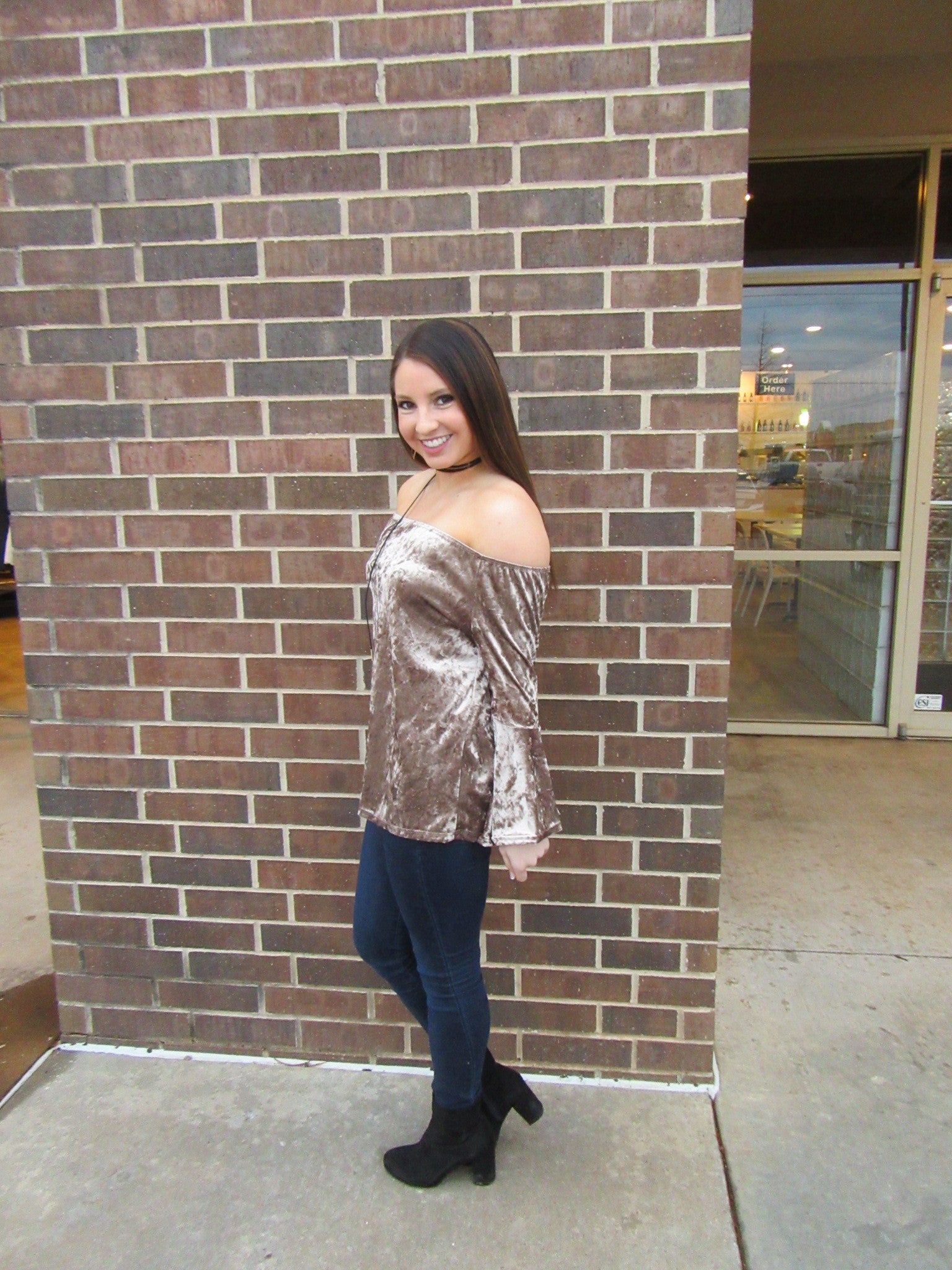 JUST CRUISIN Velvet Off Shoulder Bell Sleeve Top