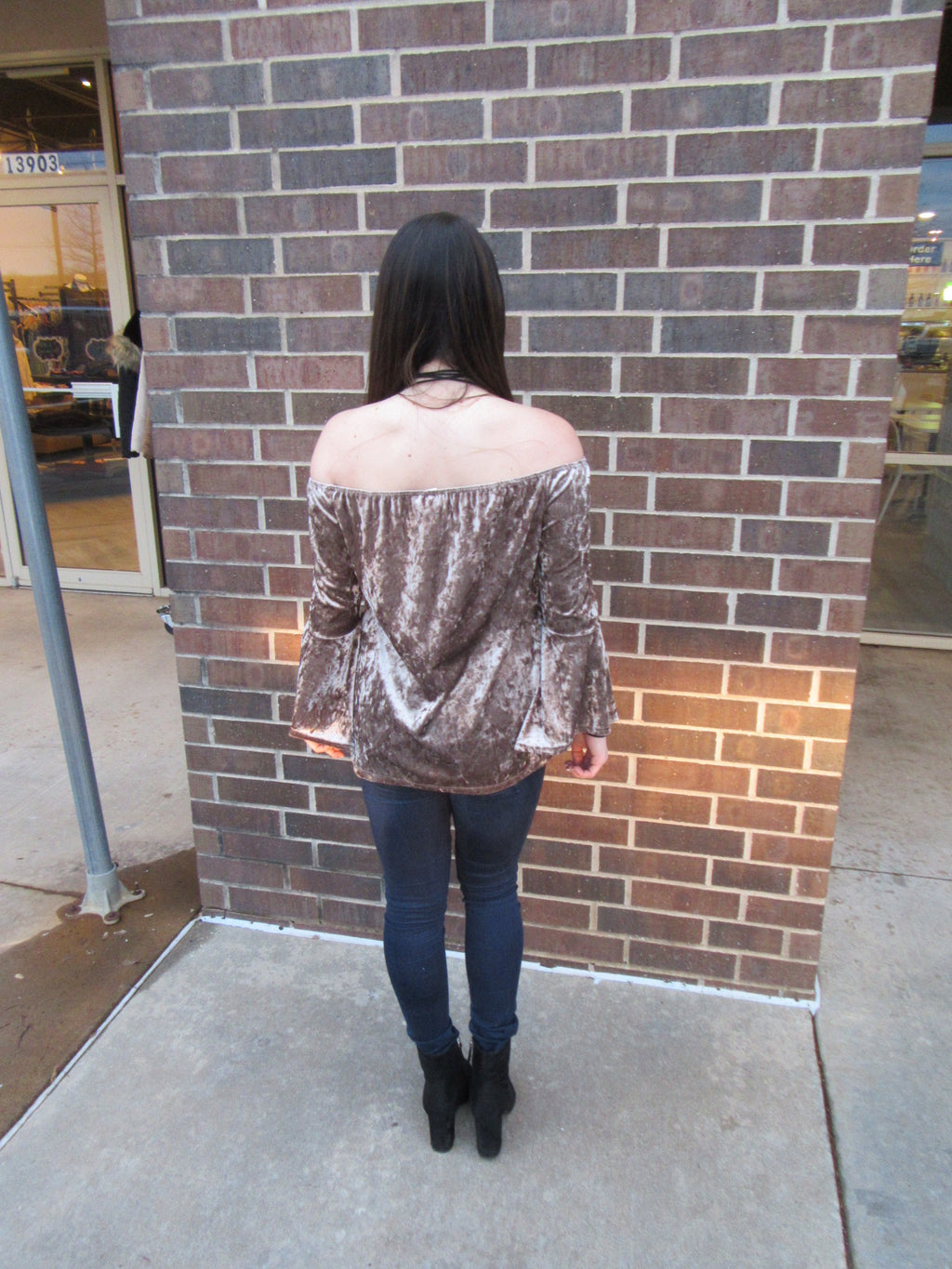 JUST CRUISIN Velvet Off Shoulder Bell Sleeve Top