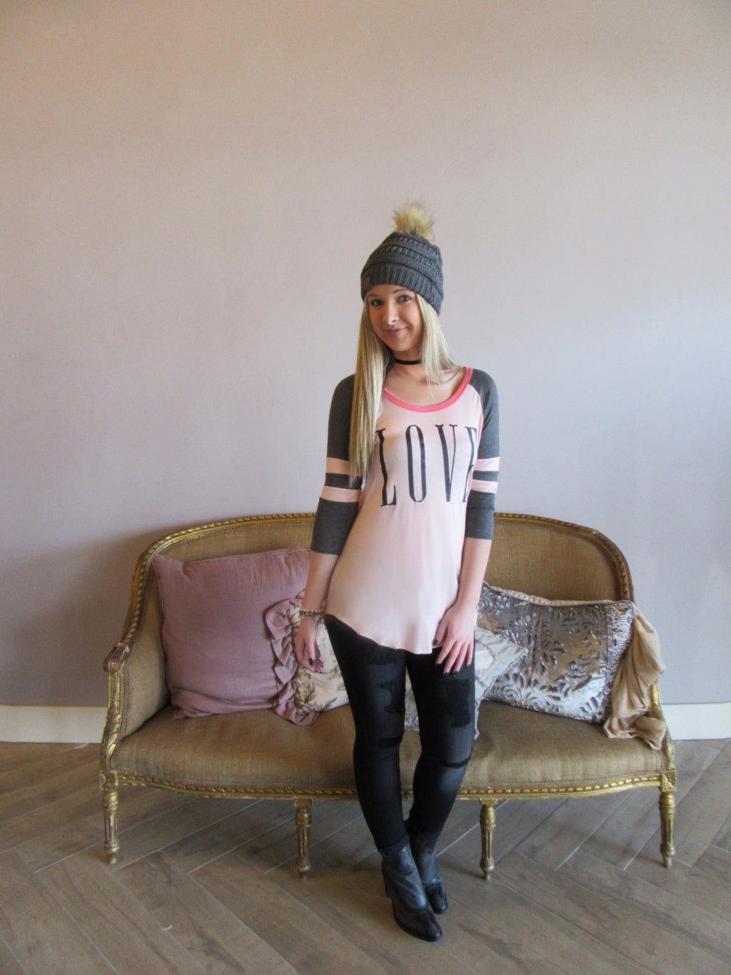 LOVE Graphic Logo Stripe Sleeve Top