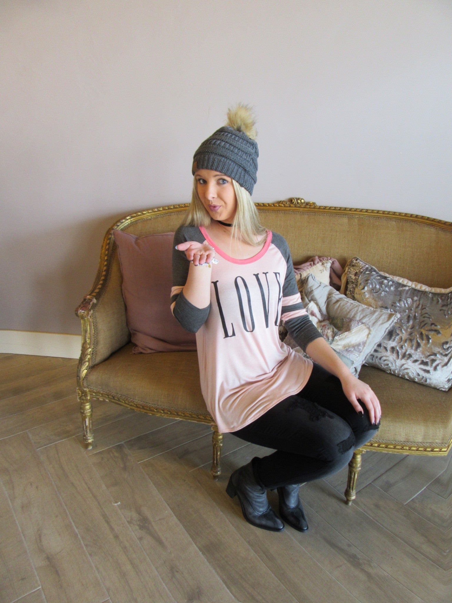 LOVE Graphic Logo Stripe Sleeve Top