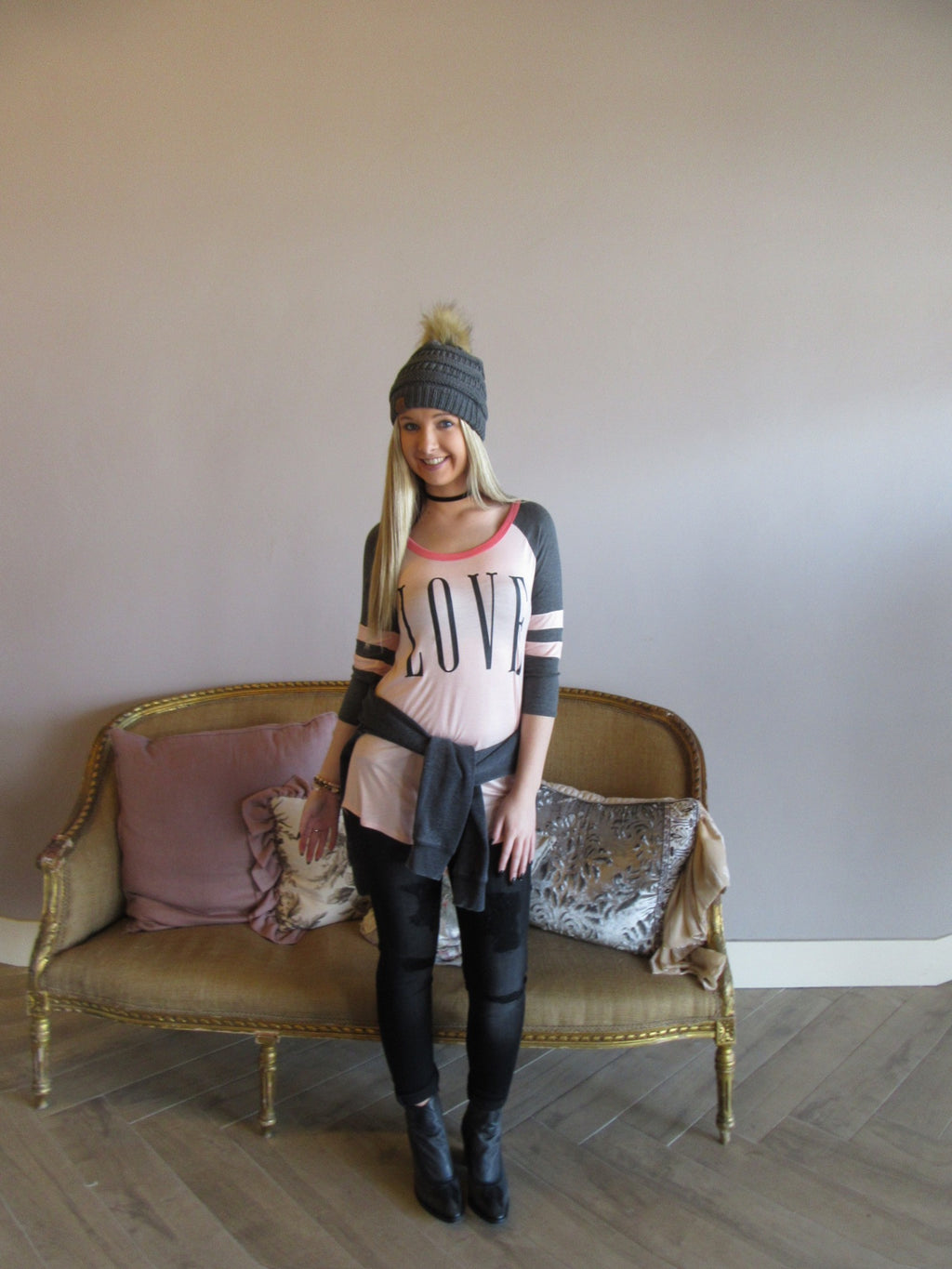 LOVE Graphic Logo Stripe Sleeve Top