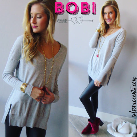 BOBI Heather Grey RibMix SEND MY LOVE V-Neck Knit Top