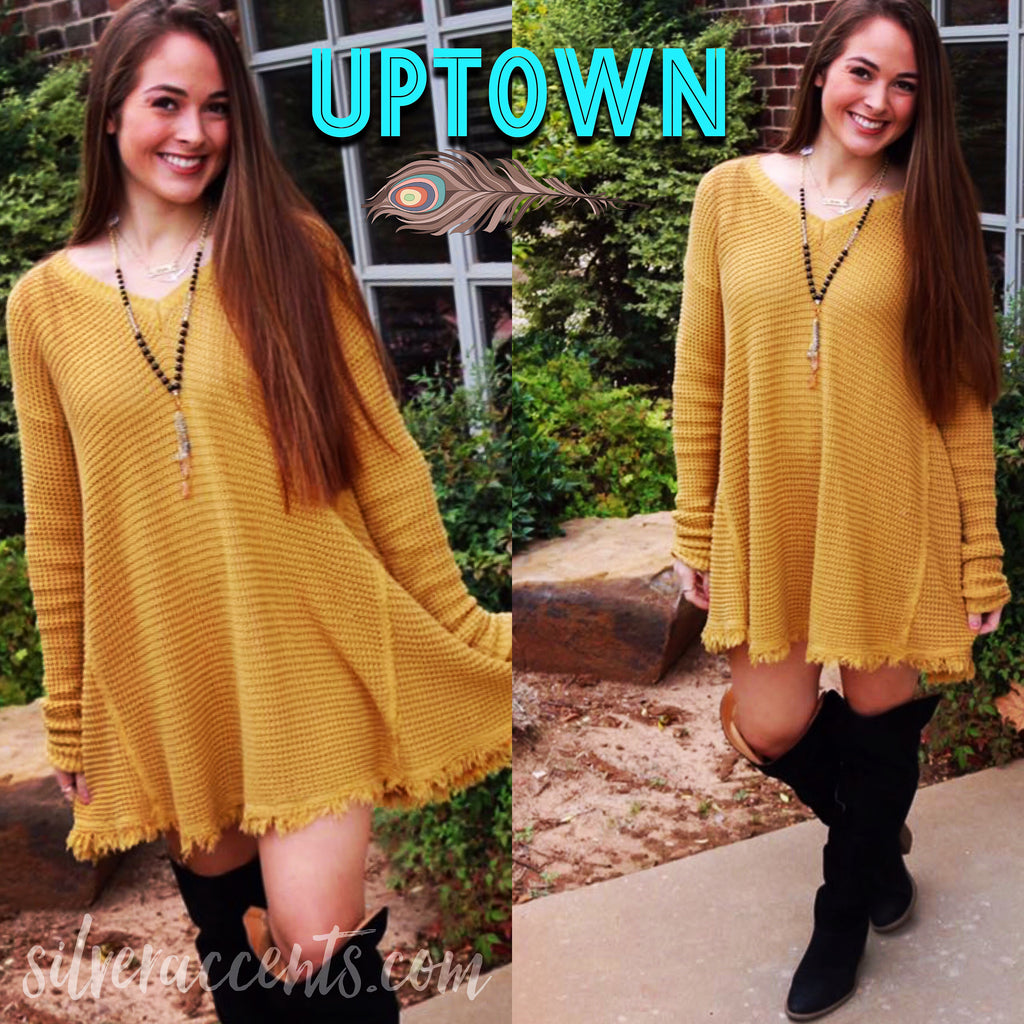 UPTOWN WaffleKnit FrayHem HiLo Sweater Tunic Top