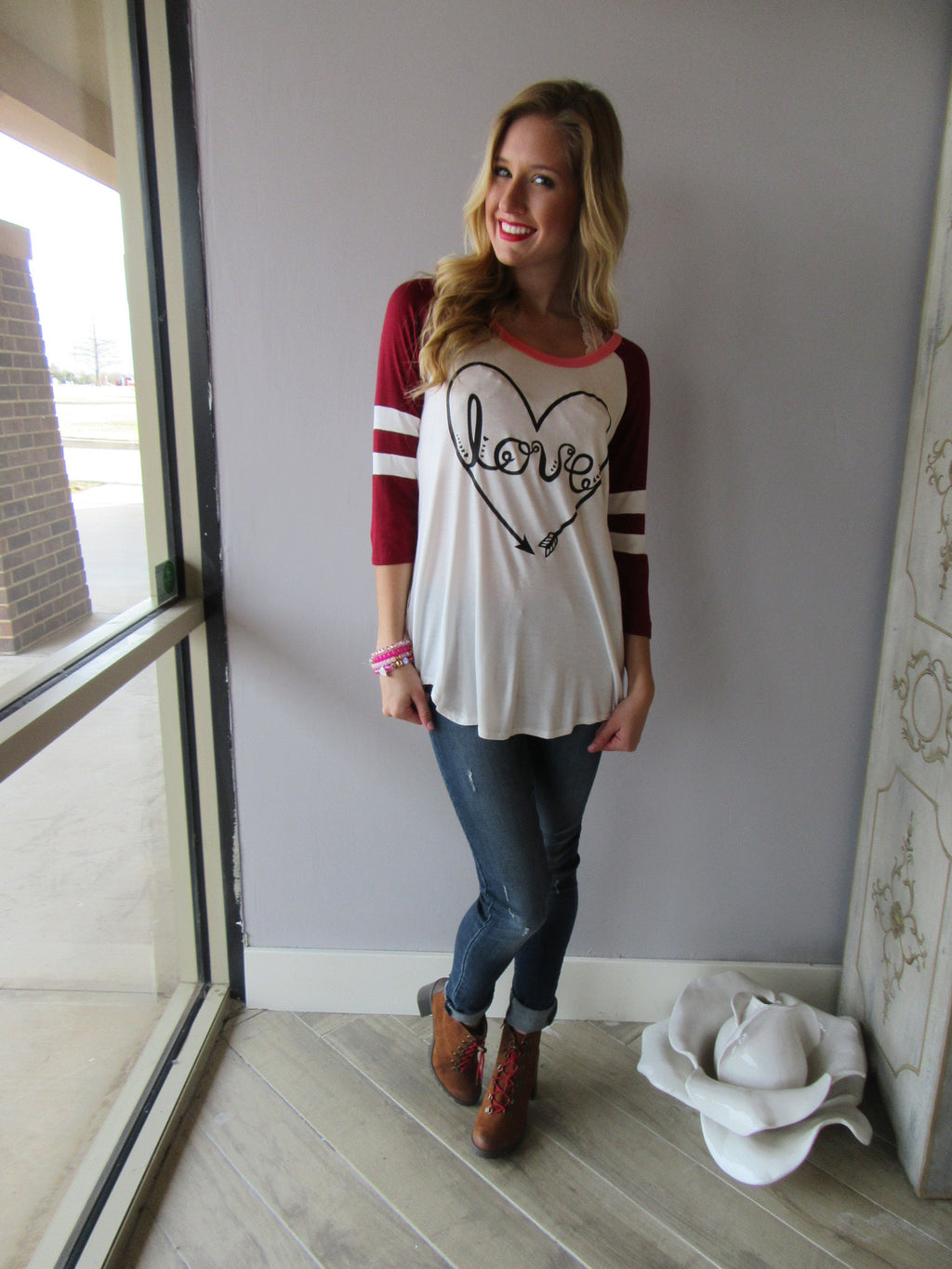 PLAYER Love Heart Graphic Stripe Sleeve ScoopHem Tee Top