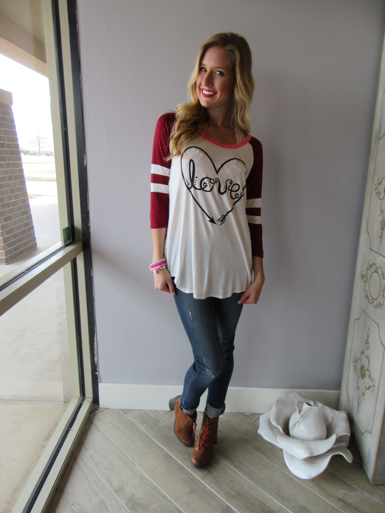 PLAYER Love Heart Graphic Stripe Sleeve ScoopHem Tee Top