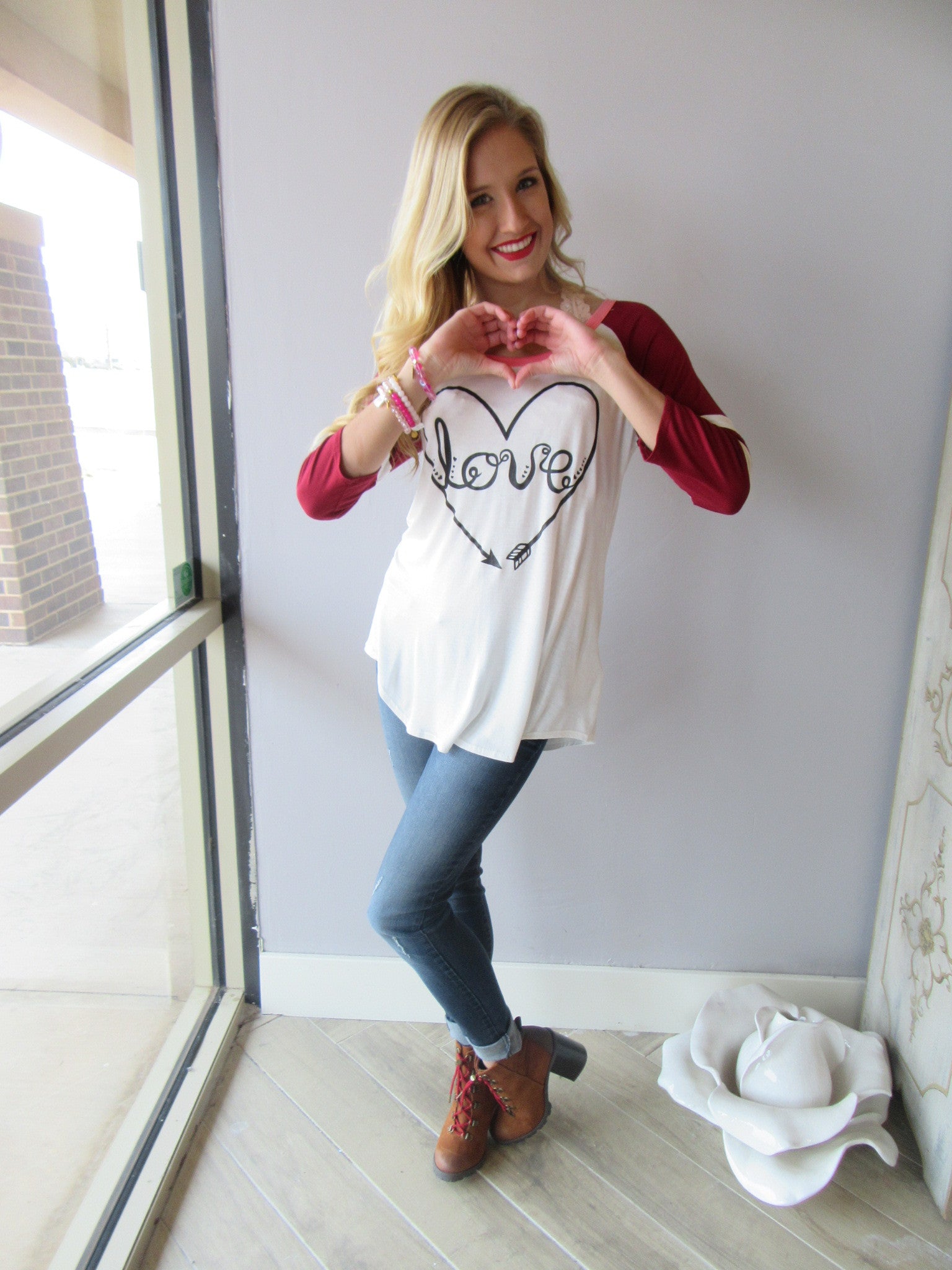PLAYER Love Heart Graphic Stripe Sleeve ScoopHem Tee Top