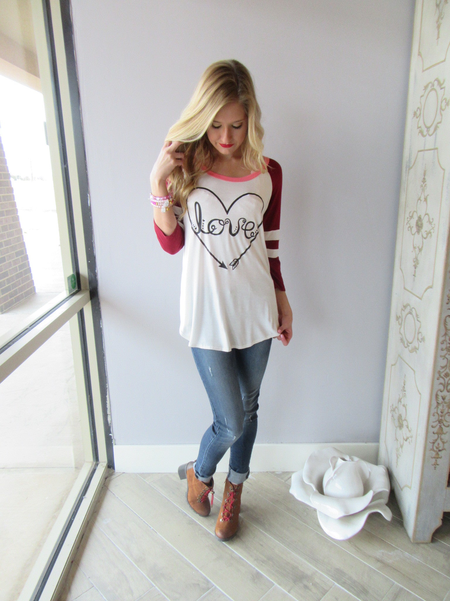 PLAYER Love Heart Graphic Stripe Sleeve ScoopHem Tee Top