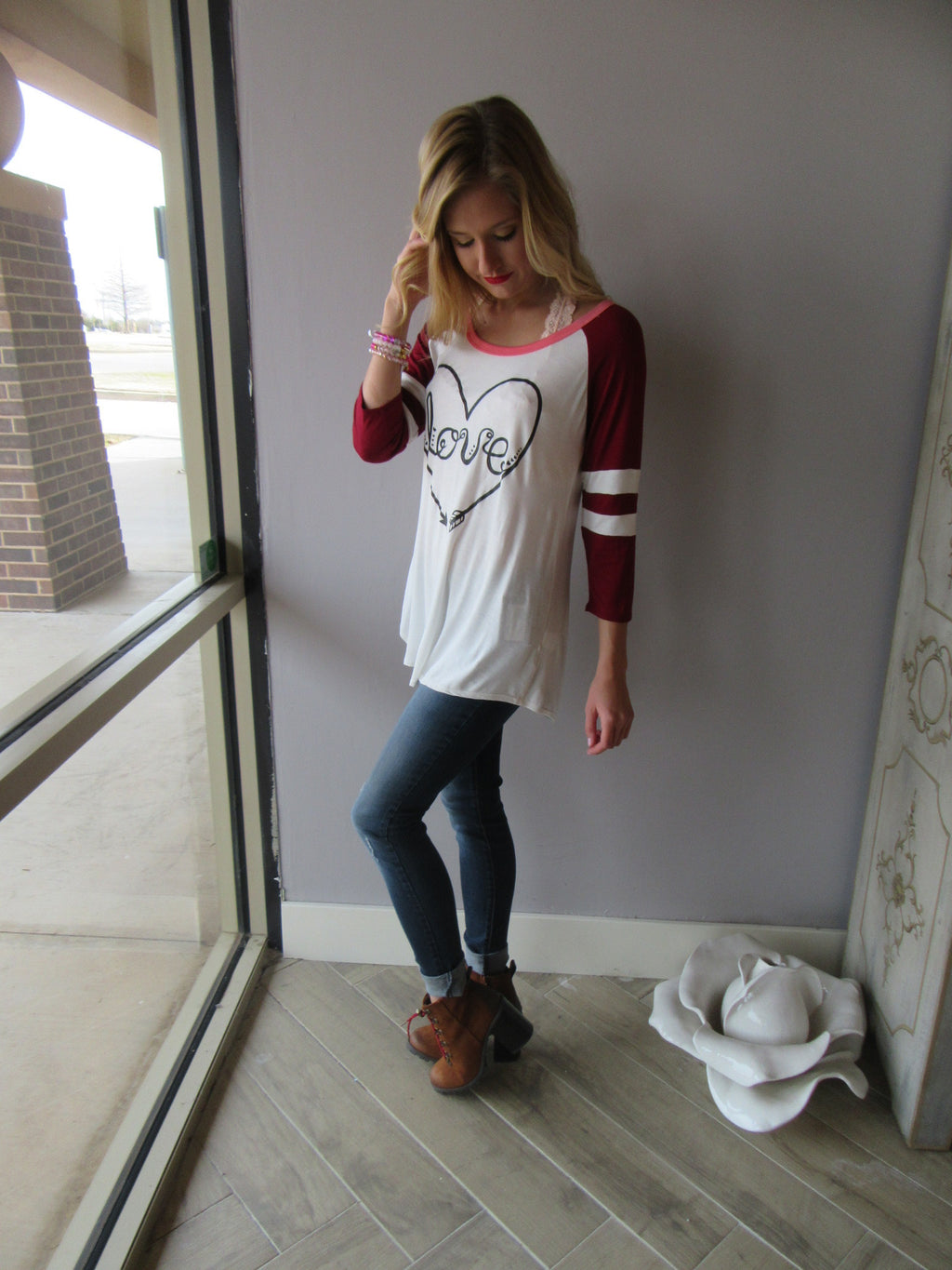 PLAYER Love Heart Graphic Stripe Sleeve ScoopHem Tee Top