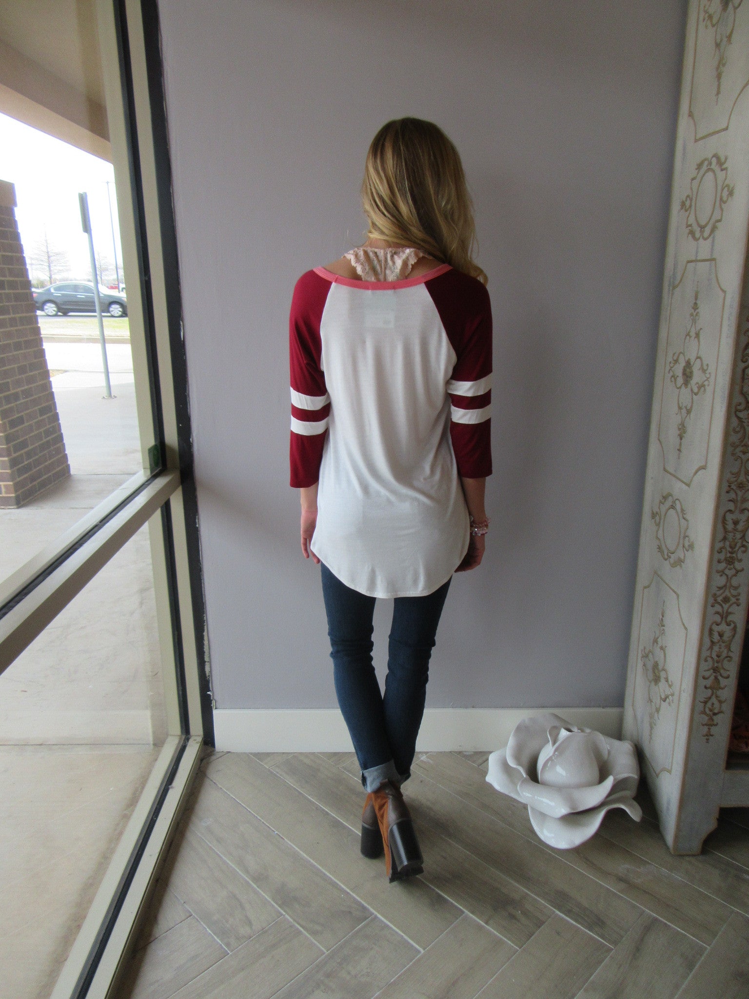 PLAYER Love Heart Graphic Stripe Sleeve ScoopHem Tee Top