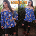 BORDERLINE Floral/Stripe OffShoulder RuffleSleeve StretchKnit Top