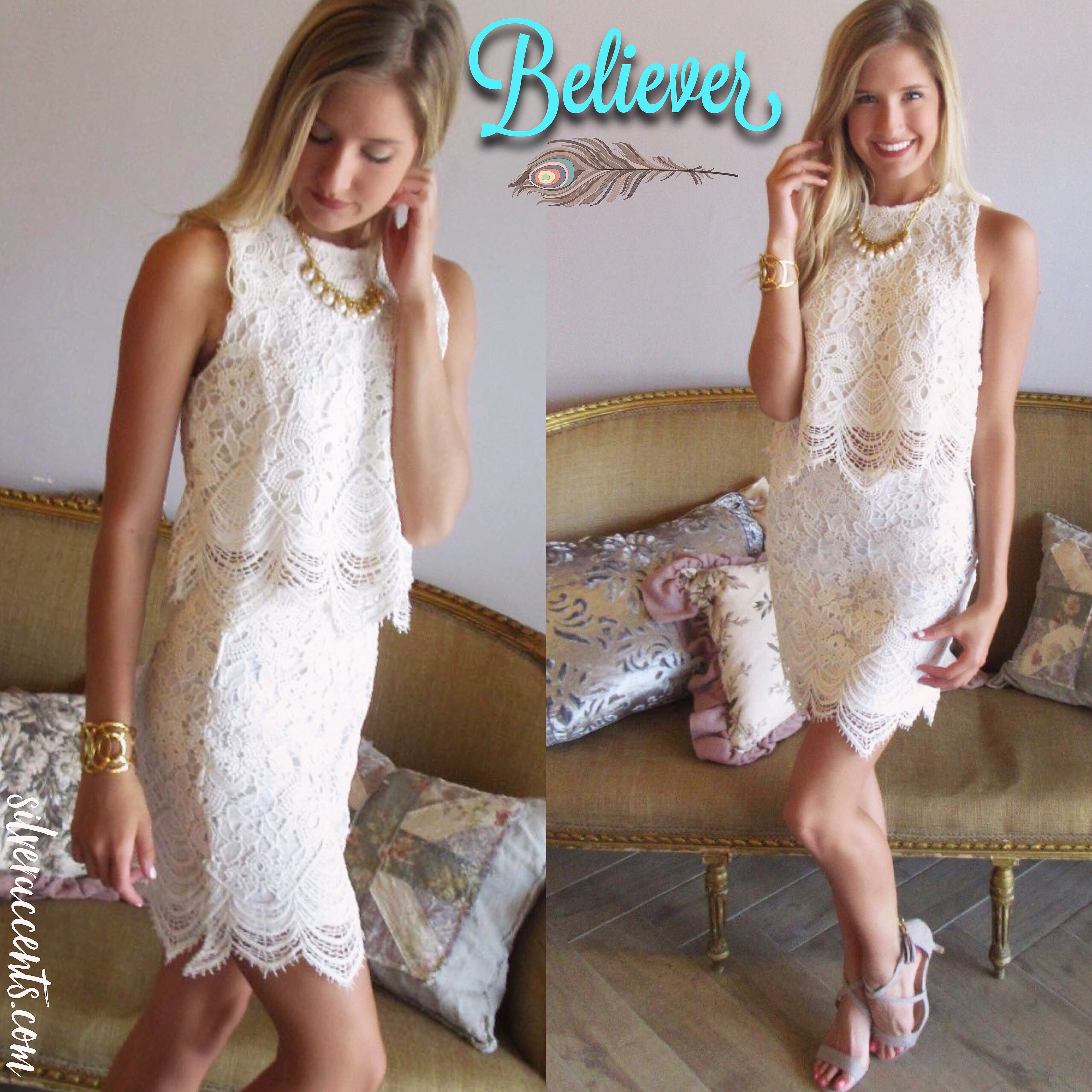 BELIEVER 2pc Battenburg Lace Crop Top/Skirt Set