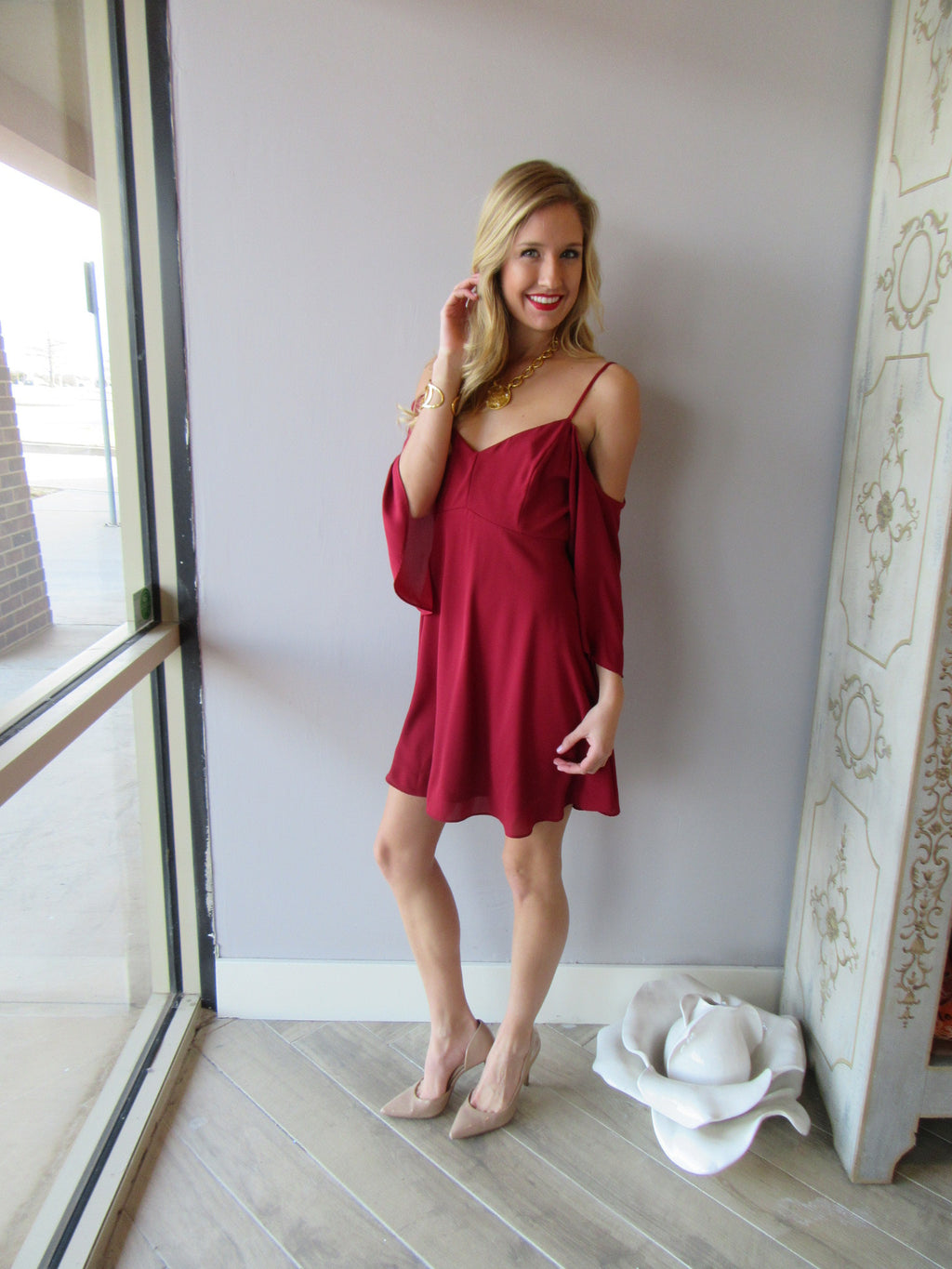 INFATUATED Cold Shoulder Ruffle Sleeve Chiffon Dress