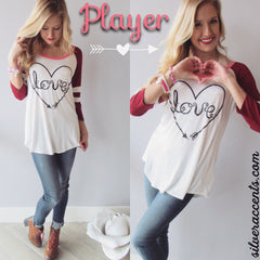 PLAYER Love Heart Graphic Stripe Sleeve ScoopHem Tee Top