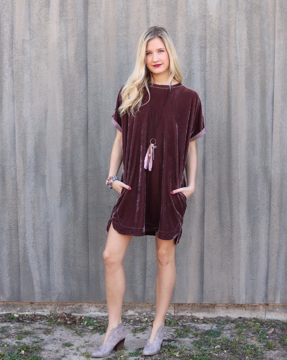 MY WISH Velvet Roll Sleeve ScoopHem Tunic Dress