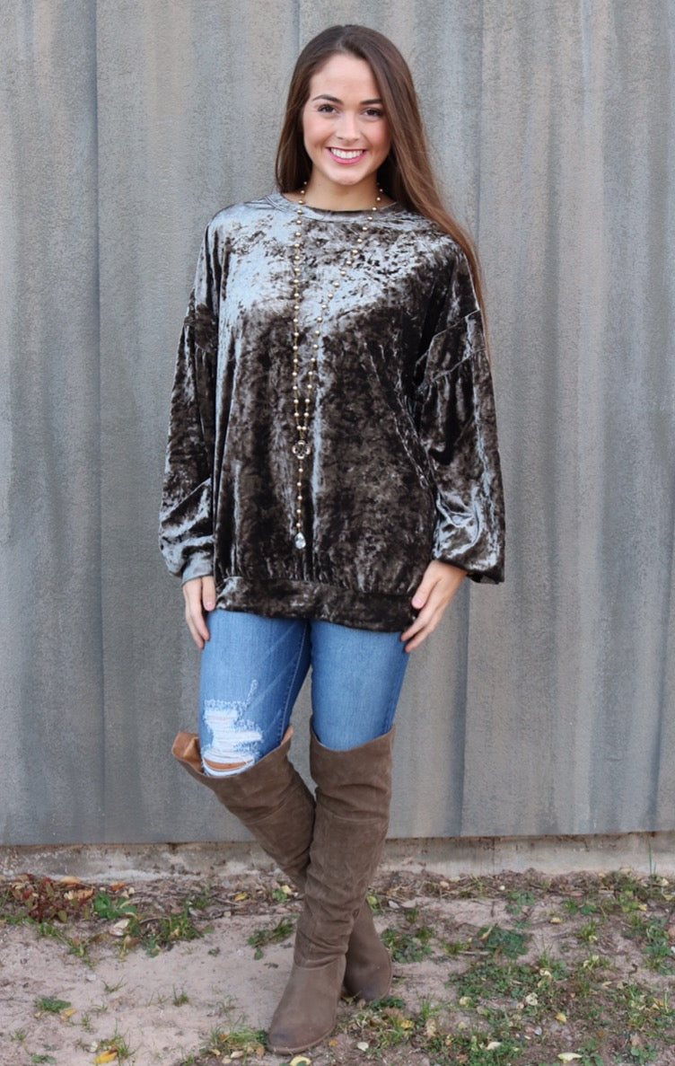 WONDERMENT CrushVelvet DropShoulder LongSleeve Pullover Top