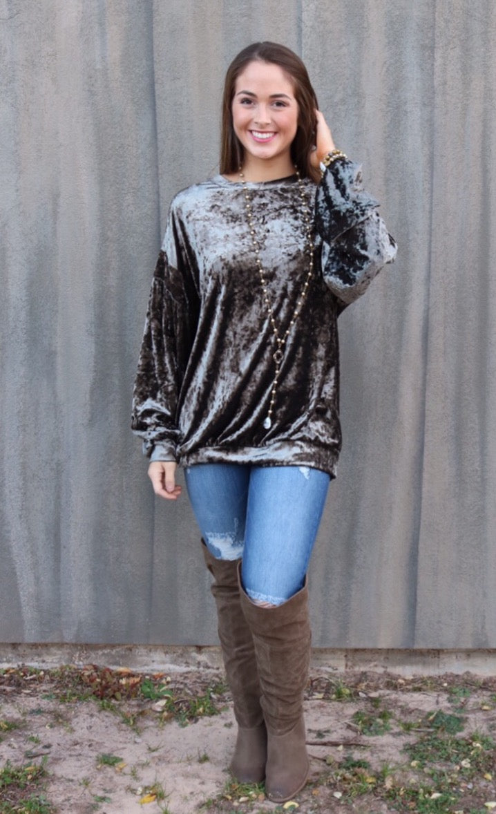 WONDERMENT CrushVelvet DropShoulder LongSleeve Pullover Top