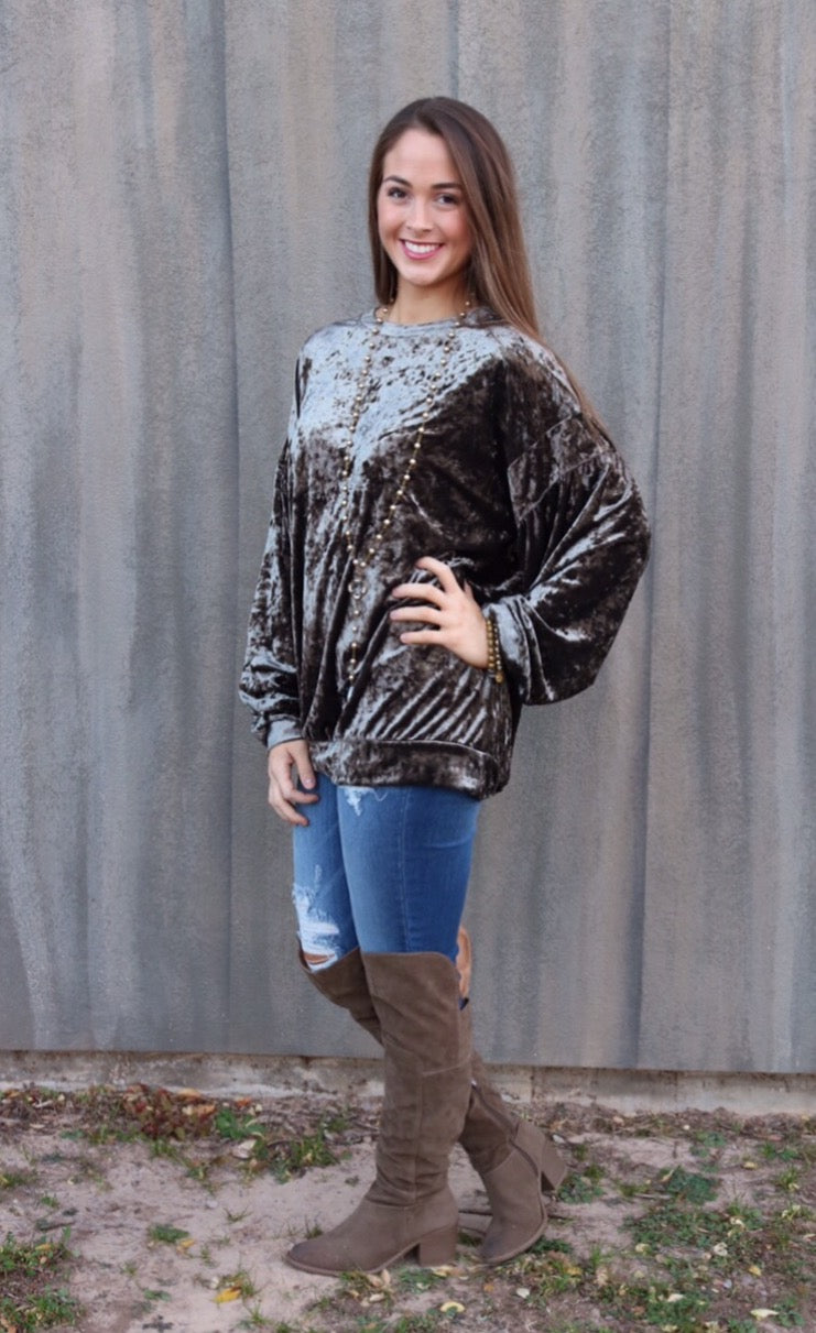 WONDERMENT CrushVelvet DropShoulder LongSleeve Pullover Top