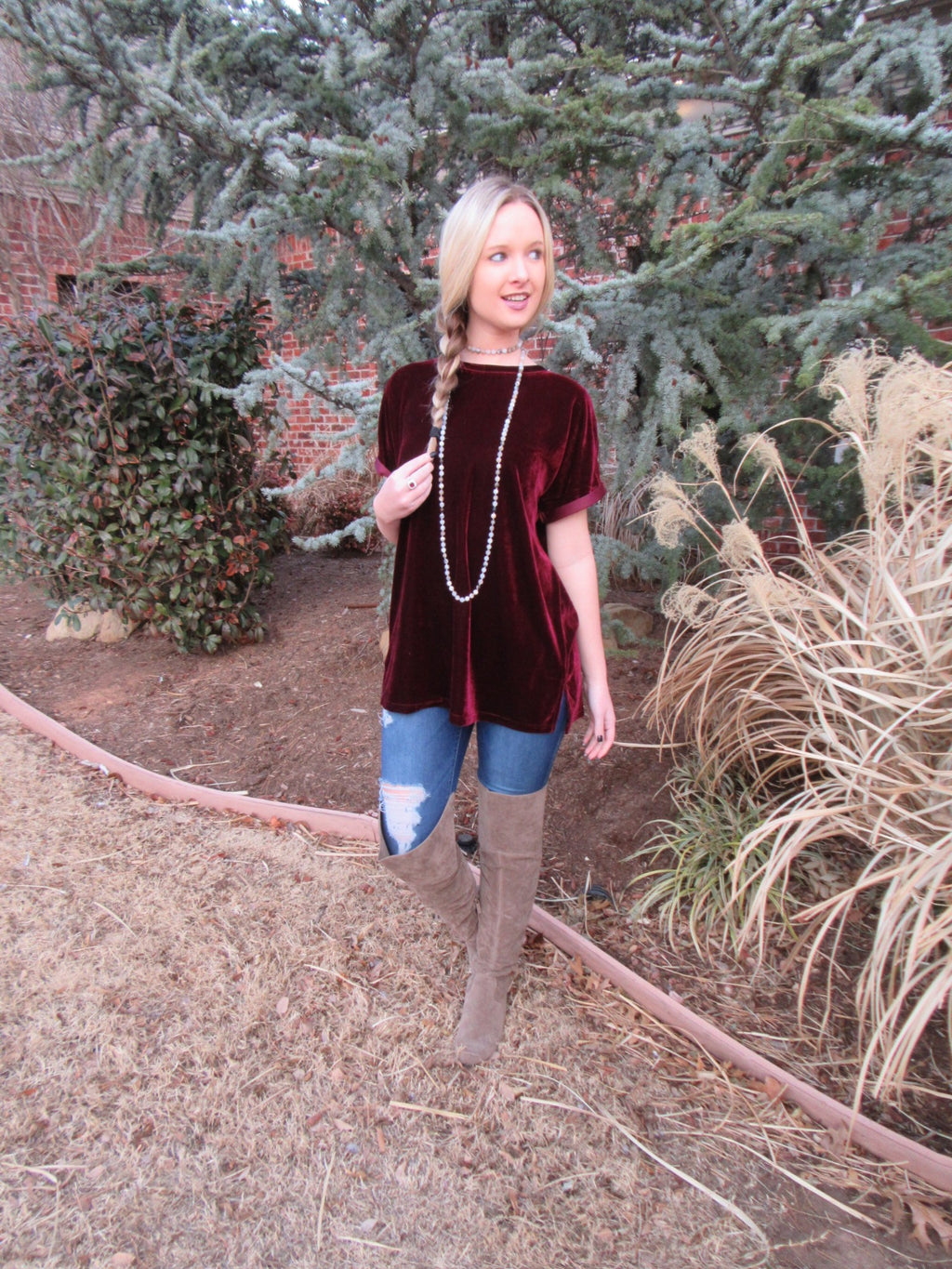 UPON A STAR Velvet Roll Sleeve Tunic Top