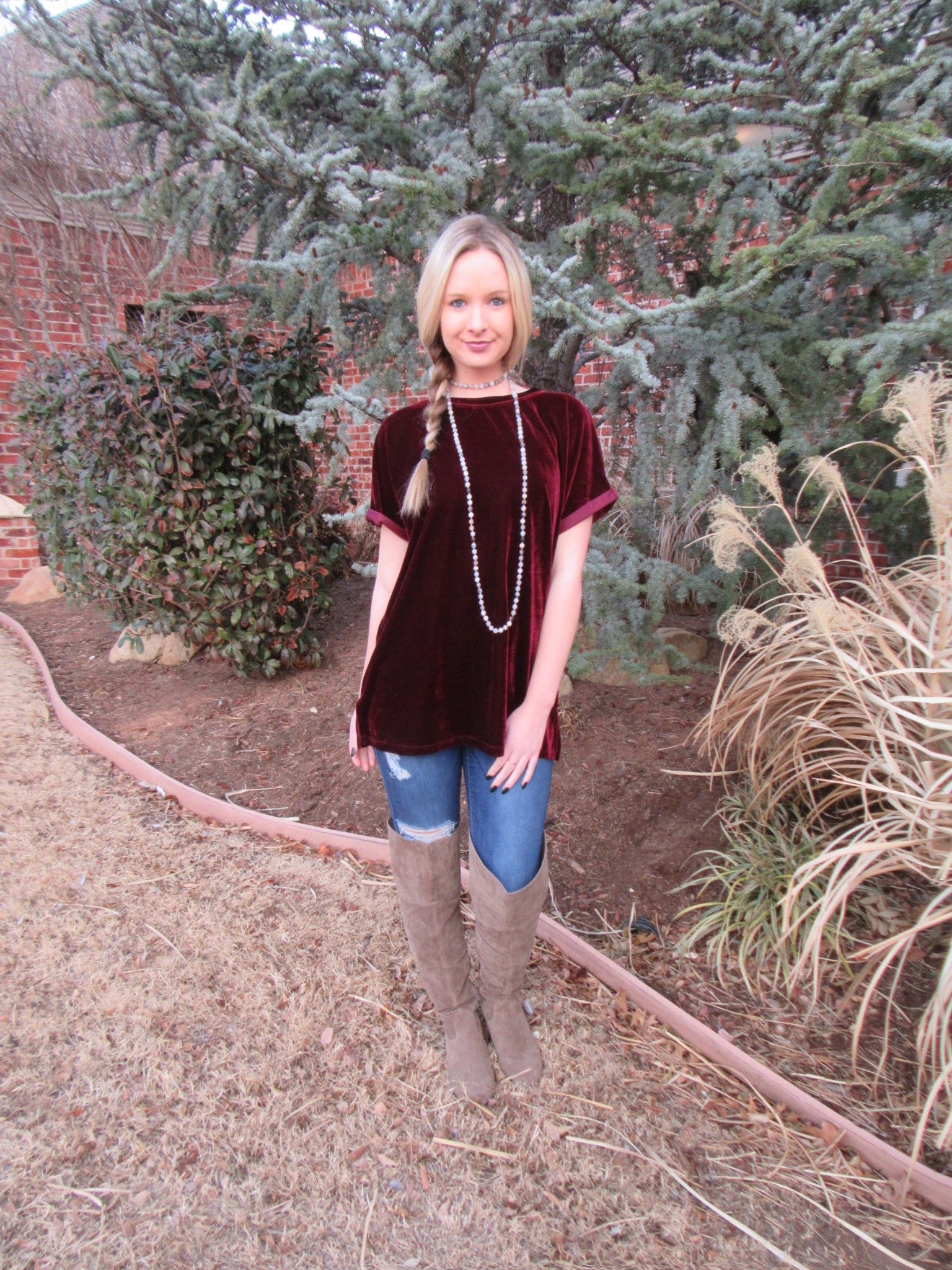 UPON A STAR Velvet Roll Sleeve Tunic Top