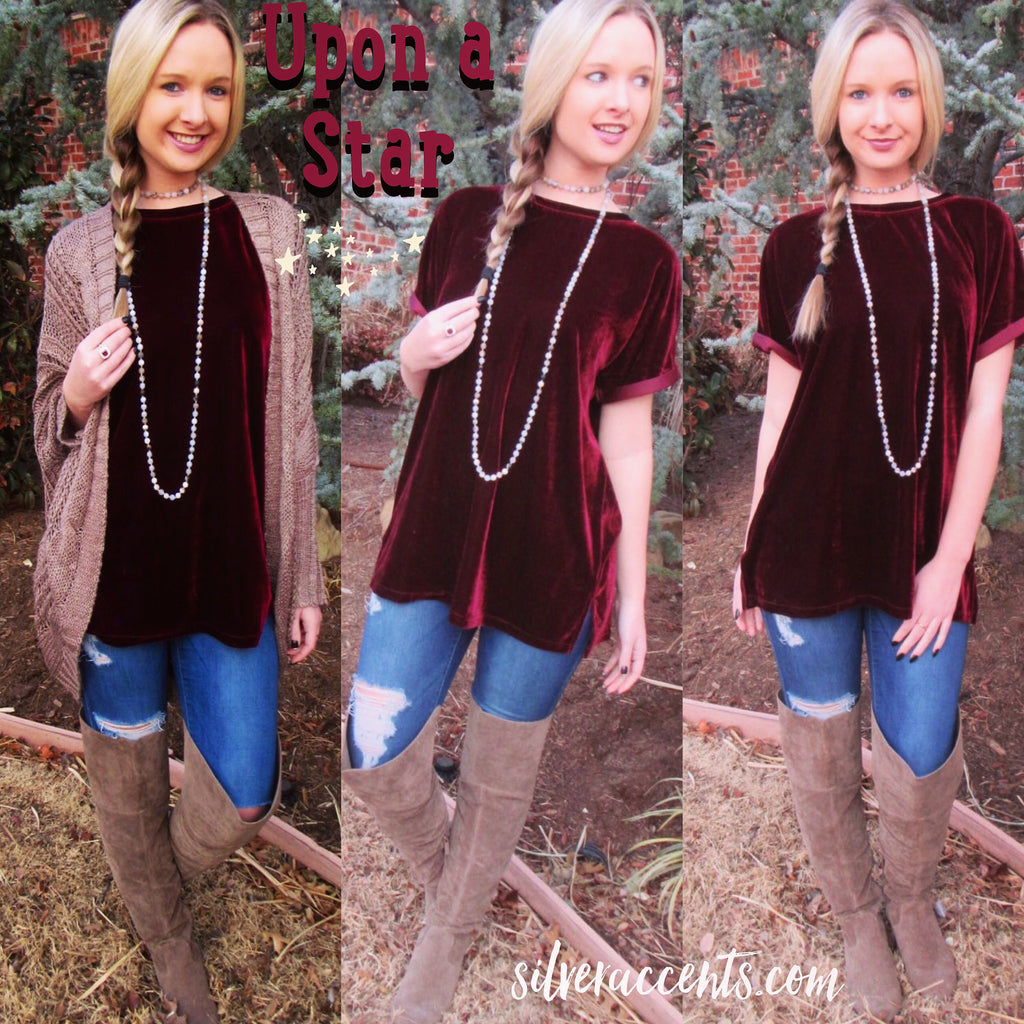 UPON A STAR Velvet Roll Sleeve Tunic Top