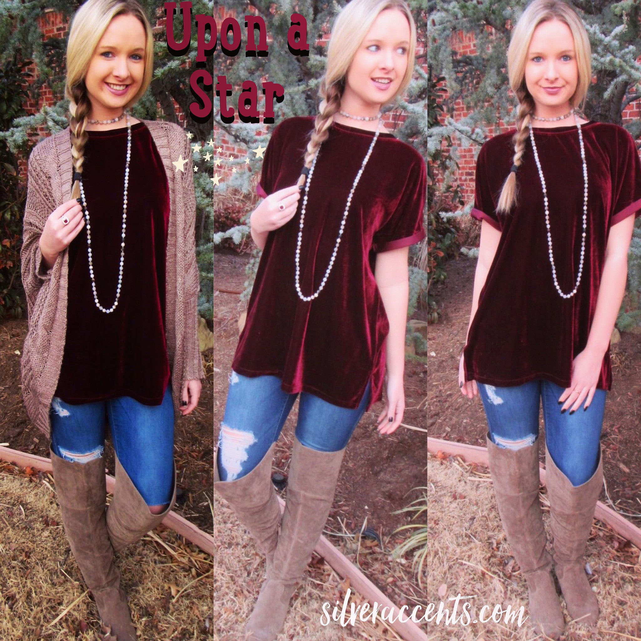 UPON A STAR Velvet Roll Sleeve Tunic Top