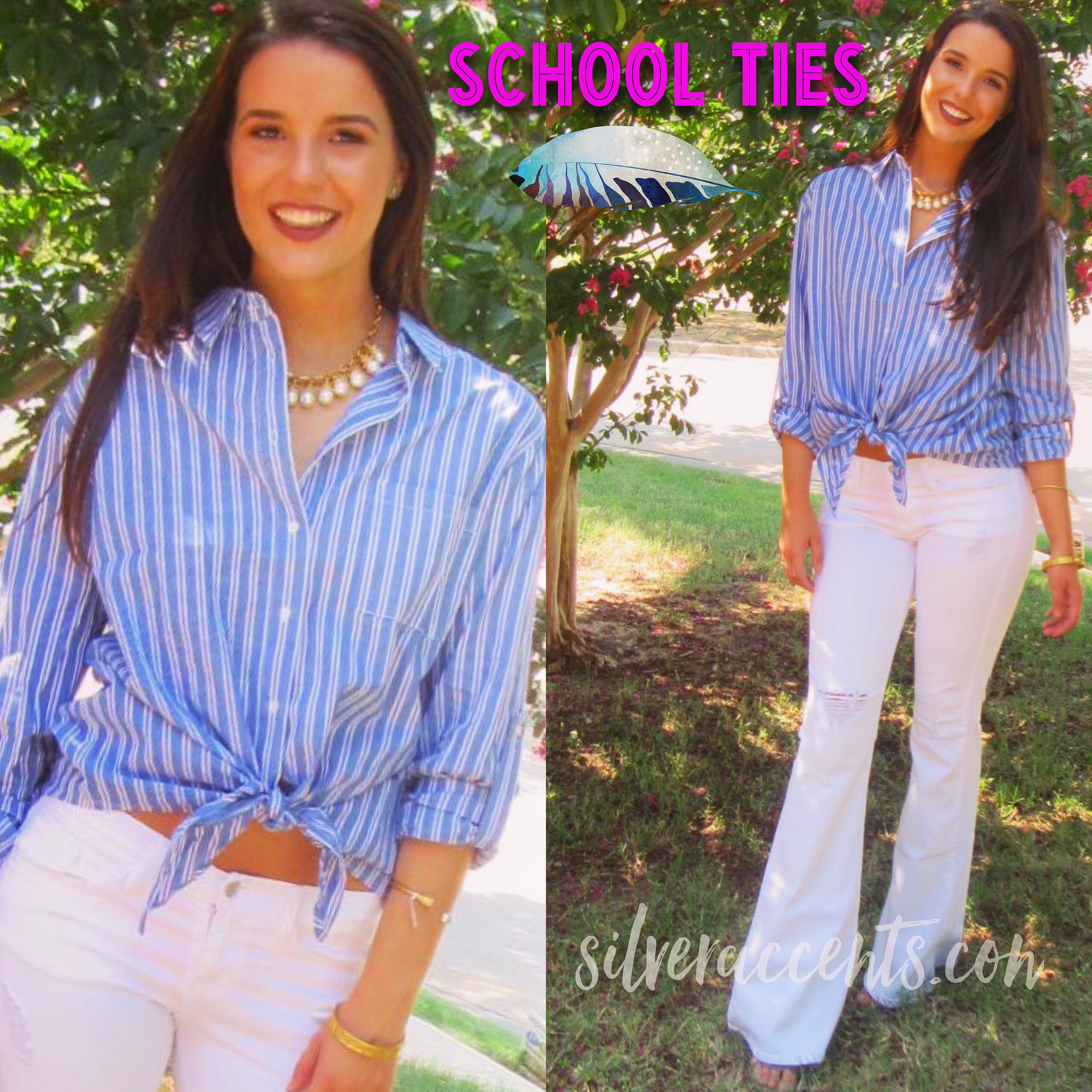 SCHOOL TIES Stripe Tie Bottom Button Down Top