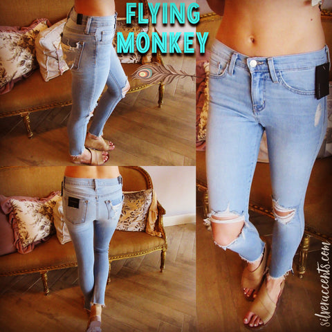 FLYING MONKEY Distressed REVENGE BLUE Uneven FrayHem Skinny Jean