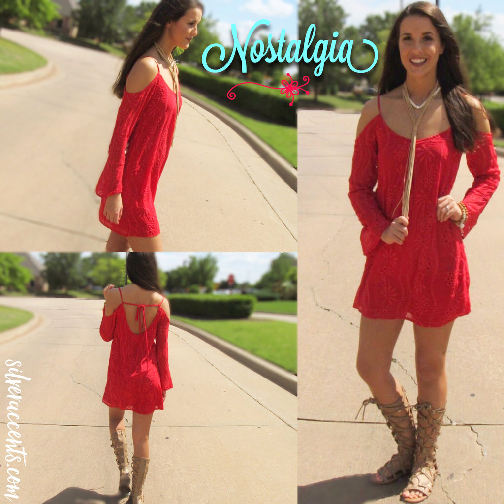 NOSTALGIA Eyelet Embroidered Cold Shoulder Dress