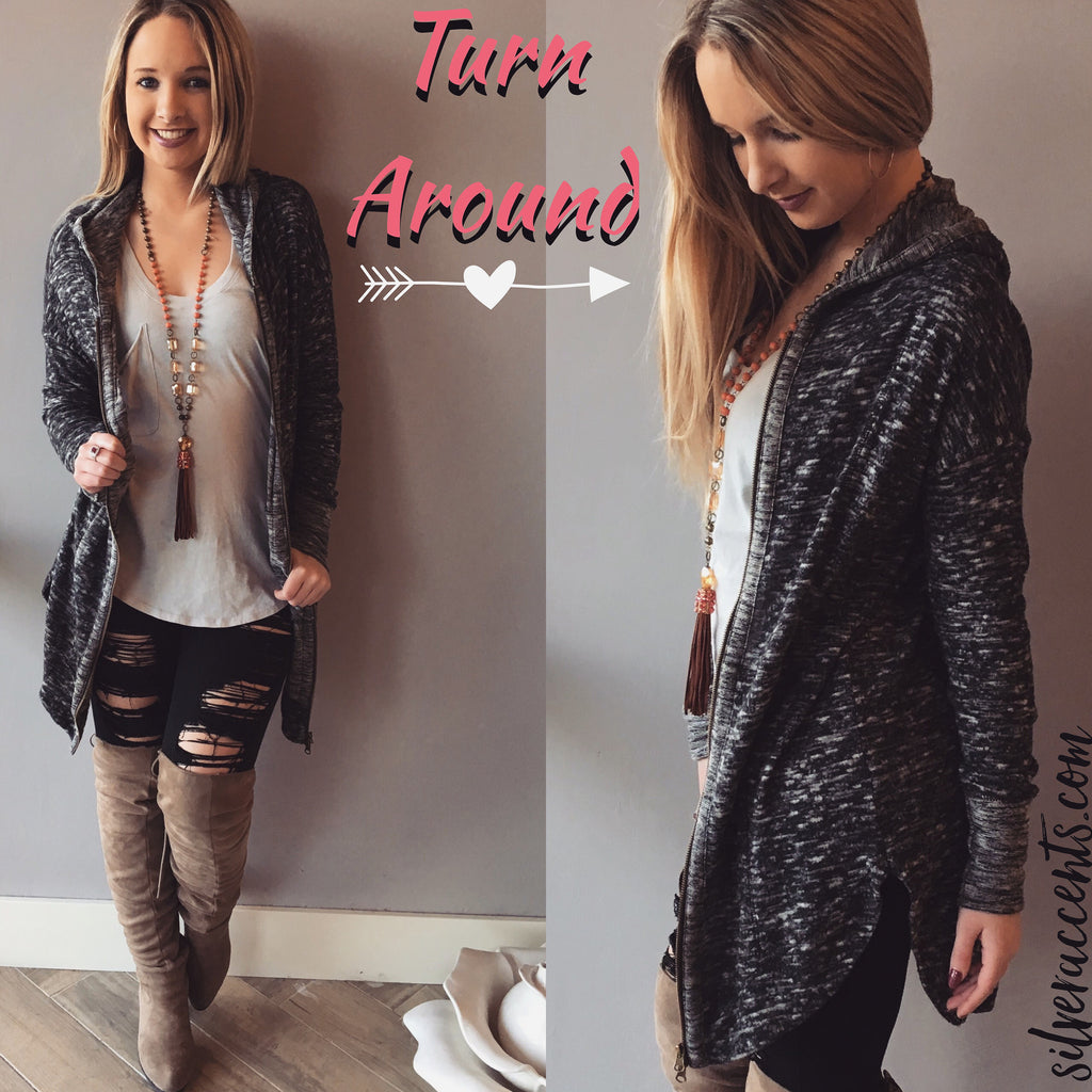 TURN BACK Shirttail Hem Zip Hoodie Tunic Top